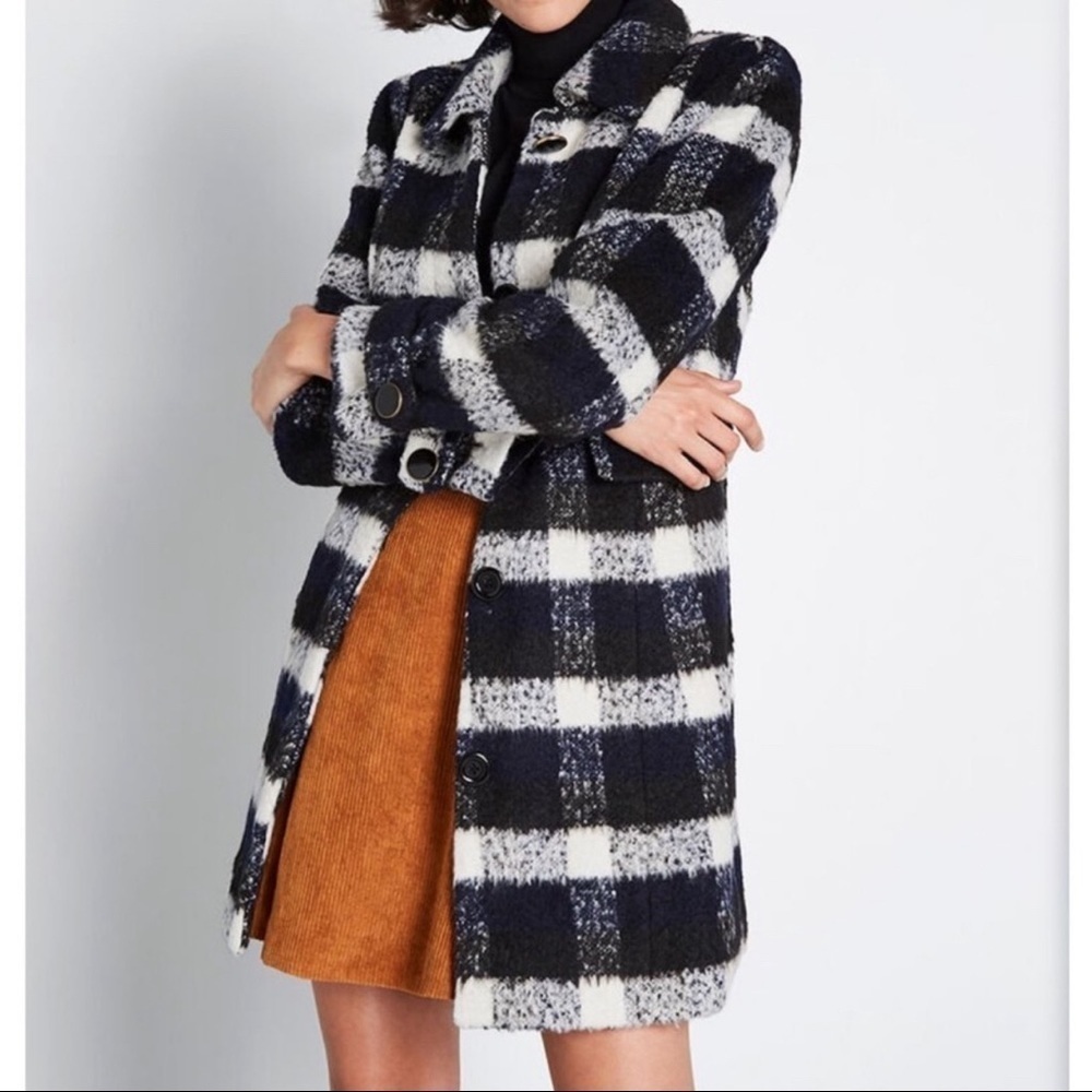 Modcloth Blue Plaid Pea Coat Wool Button Front XS